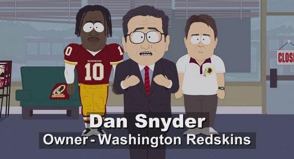 NFL Memes on Twitter: "VIDEO: South Park airs this hilarious commercial  taking a shot at Dan Snyder and the Redskins. http://t.co/NAKeqRj0Vt  http://t.co/zvCA7XikQZ" / Twitter
