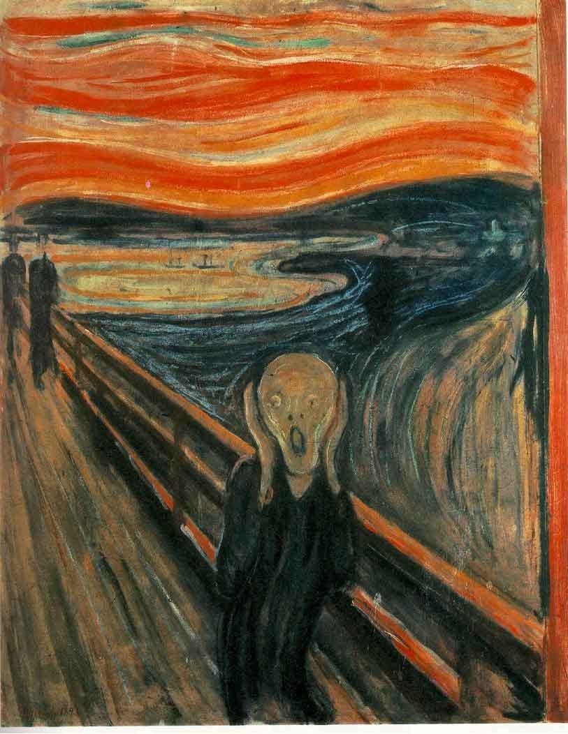 A mysterious figure clasps its pale face, screaming in anguish. It stands alone in the dock, its eyes and mouth wide open in horror. Two people can be glimpsed in the distance, oblivious to the figure’s distress. In the background, the setting sun’s light turns the clouds into an intense orange. Below a deep blue sea intermingles with the sunset. 