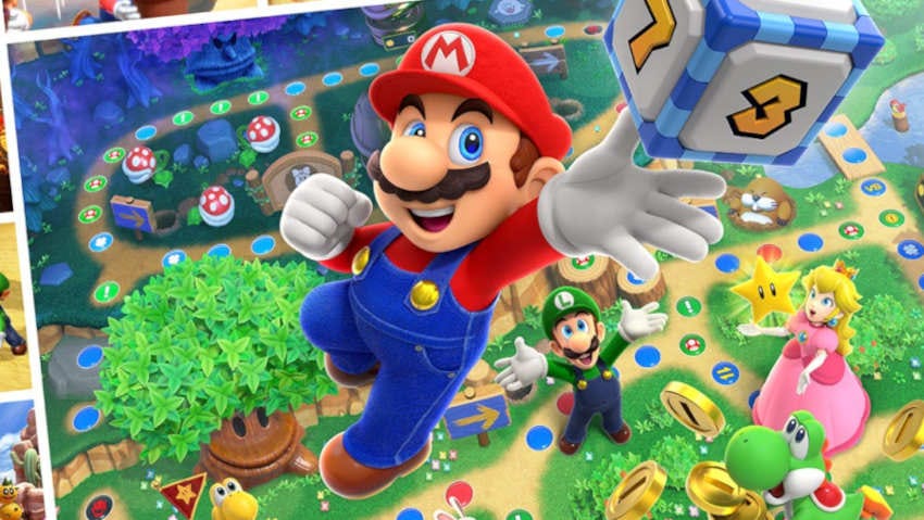 Mario jumping up the air as Luigi and Princess Peach look on