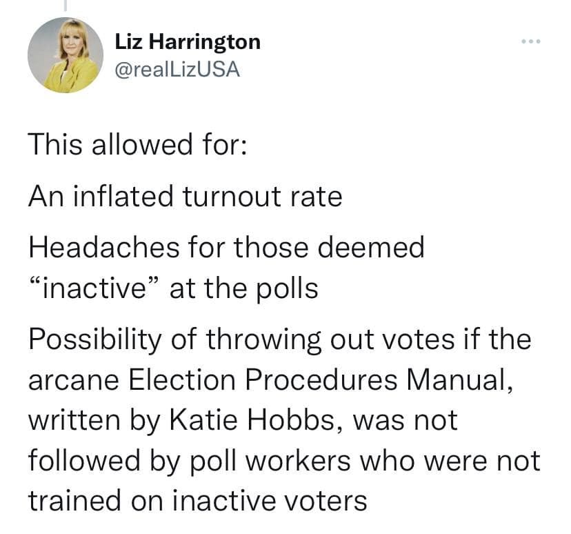 May be an image of 1 person and text that says 'Liz Harrington @realLizUSA This allowed for: An inflated turnout rate Headaches fo those deemed "inactive" at the polls Possibility of throwing out votes if the arcane Election Procedures Manual, written by Katie Hobbs, was not followed by poll workers who were not trained on inactive voters'