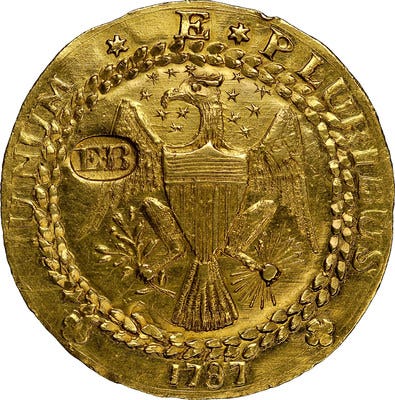 Sold for nearly $4.6 million, this 1787-dated gold Brasher Doubloon was one of a dozen United States coins that crossed the million dollar mark at auctions in 2014, another record year for the estimated $5 billion U.S. rare coin market, according to the Professional Numismatists Guild. (Photo credit: Heritage Auctions.)