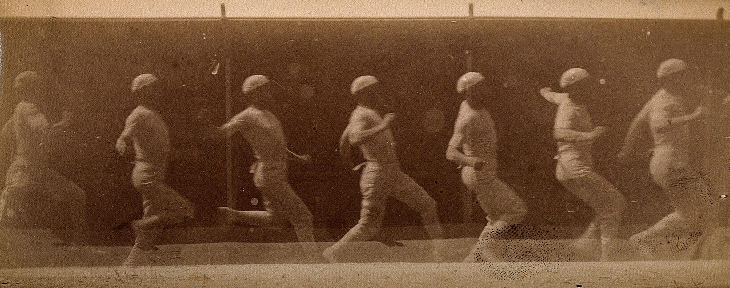 A man dressed in white pictured in different sequences of running