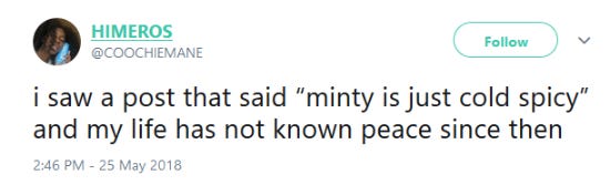 Screenshot of a funny tweet about the word minty