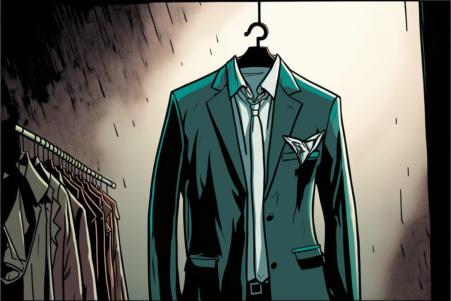 a suit jacket on a hanger, graphic novel