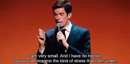 A gif of John Mulaney saying "I am very small. And I have no money. So you can imagine the kind of stress that I am under."