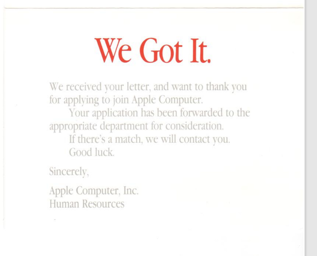Postcard from Apple Computer stylized in classic Apple typogrpahy. It says they received my resume and application and will consider it.