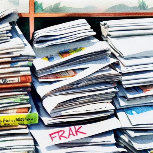 A pile of newspapers at a news stand, with a headline saying "FAKE".  Watercolor drawing.