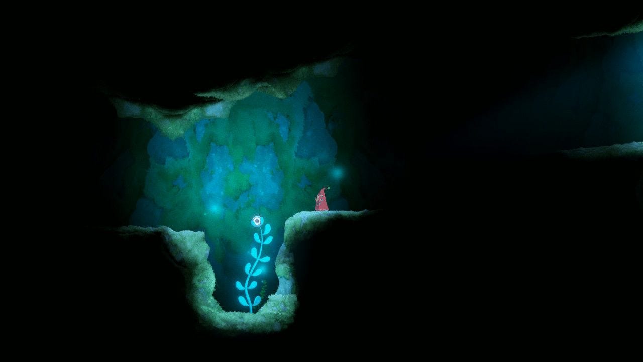 An undersea grotto in Hoa. Our main fairy character regards a luminous plant with an eye for a bud.