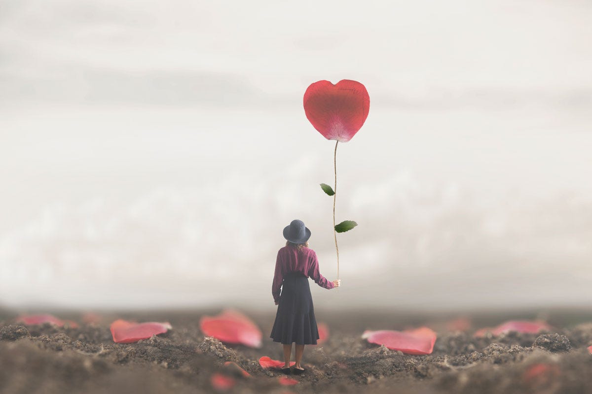 My One Year Substack Anniversary: Special Note to My Readers; Woman Holding Red-Rose Petal Balloon