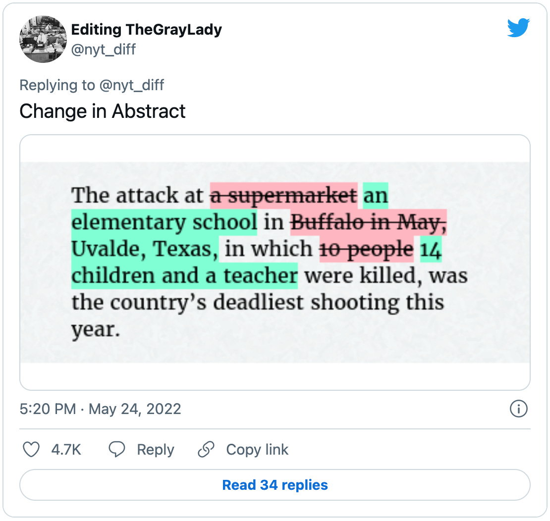 Tweet from @nyt_diff recording a change in abstract for the the New York Times article “Partial list of mass shootings in the United States in 2022.” The diff shows text changing from before: “The attack at a supermarket in Buffalo in May, in which 10 people were killed, was the country’s deadliest shooting this year.” To after: “The attack at an elementary school in Uvalde, Texas, in which 14 children and a teacher were killed, was the country’s deadliest shooting this year.”