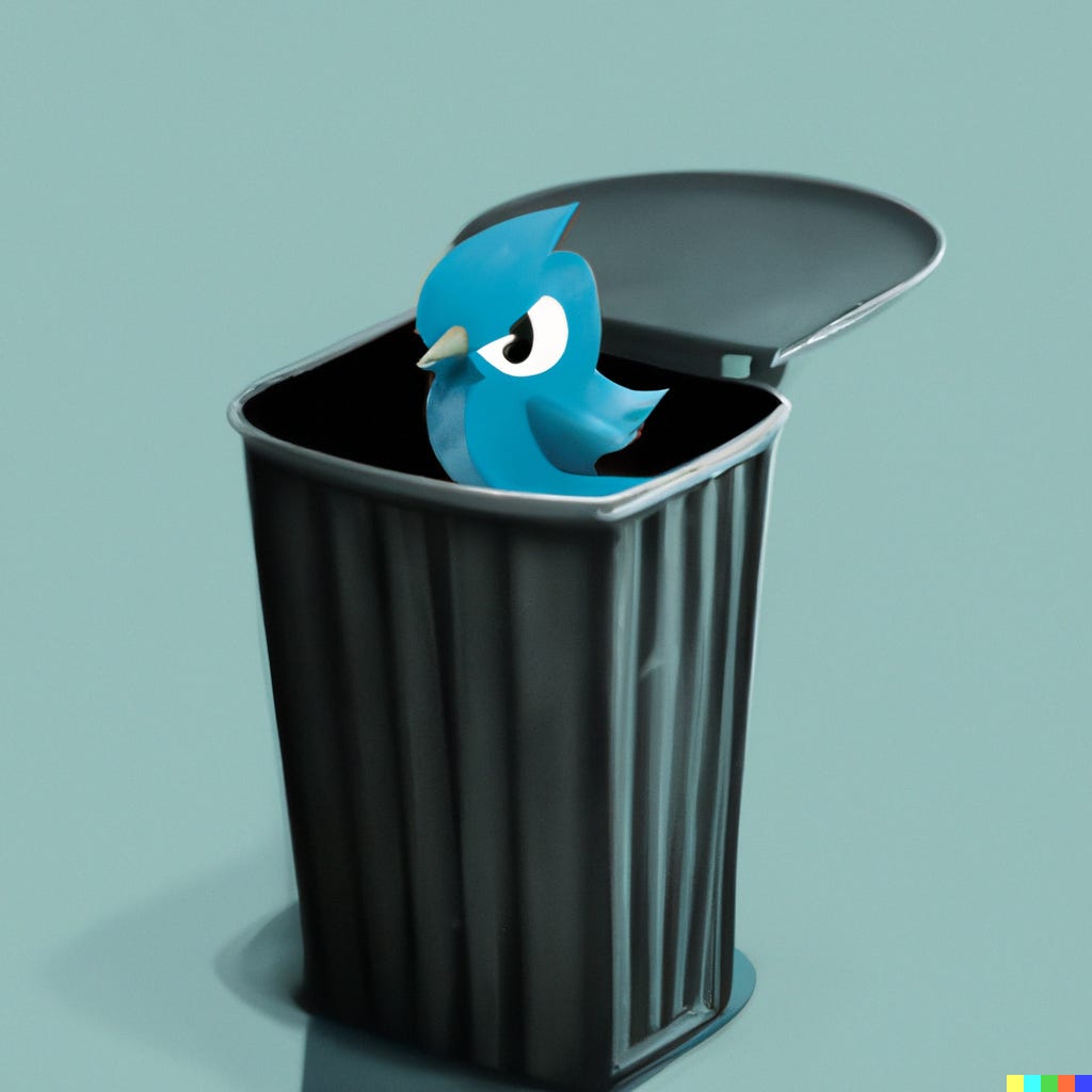 twitter logo in a trash can, digital art, as interpreted by OpenAI's DALL-E