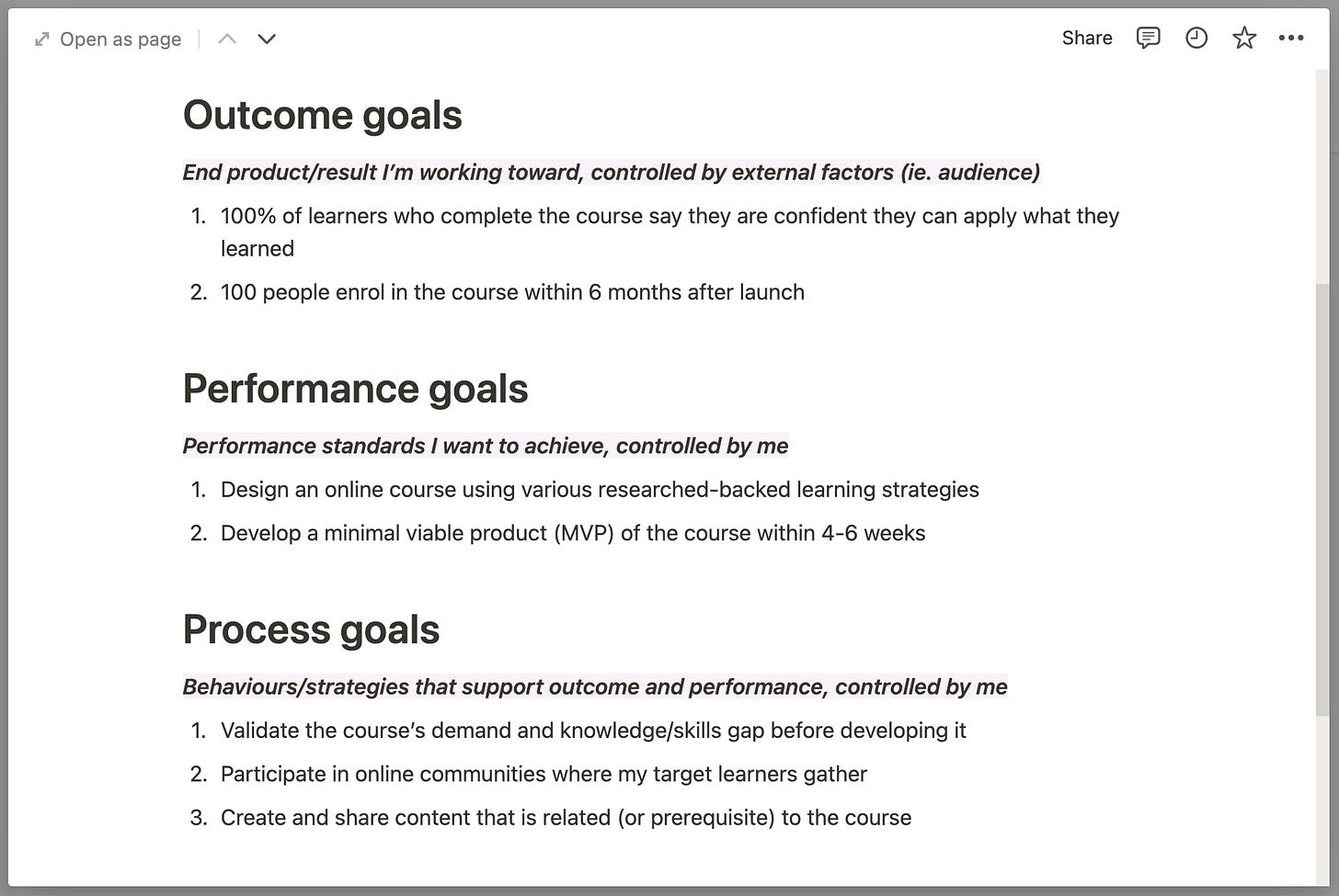 Screenshot of goal-setting notes