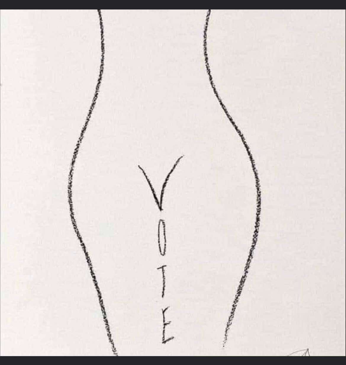 outline of a woman's body in which the lines between the legs spell out 'vote' -- with the 'v' at the vagina