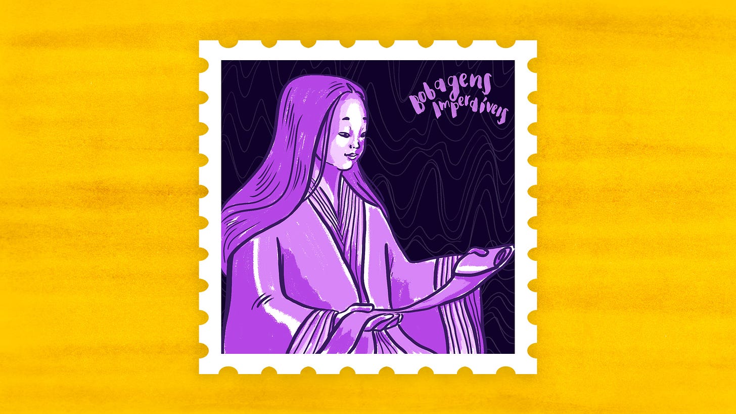 ilustração da capa do podcast, em formato de selo, sobre uma superfície dourada: uma mulher japonesa, de cabelos longos, segura um pergaminho antigo. A ilustração é em tons de roxo, sobre fundo escuro, onde se vê uns traços imitando ondas sonoras.