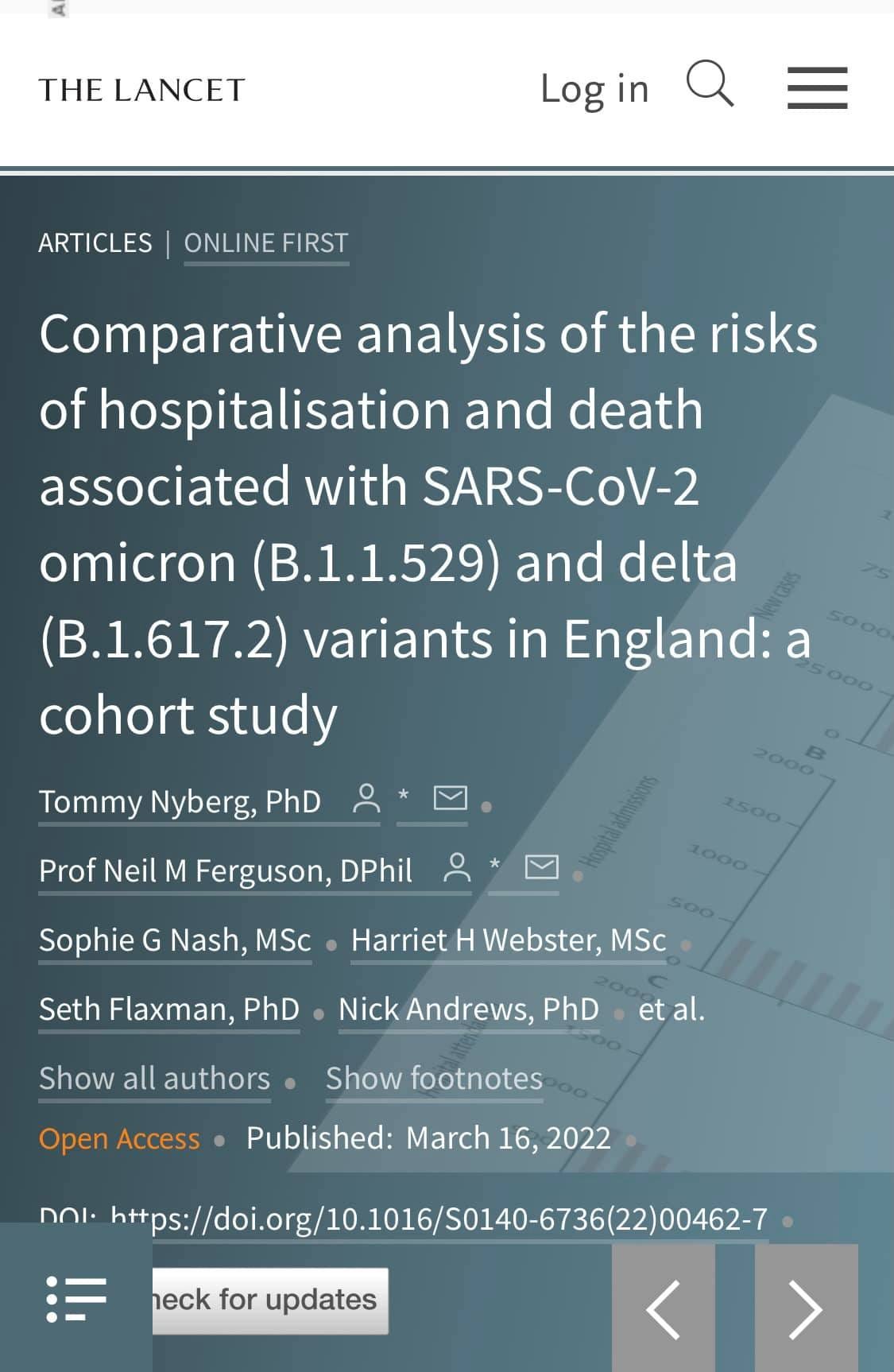 May be an image of ‎text that says '‎THE LANCET Log in ARTICLES ONLINE FIRST Comparative analysis of the risks of hospitalisation and death associated with SARS-CoV-2 omicron (B.1.1.529) and delta (B.1.617.2) variants in England: a cohort study Tommy Nyberg, PhD Prof Neil M Ferguson, DPhil 2000 1500 Sophie G Nash, MSC. Harriet Η Webster, MSC Seth Flaxman, PhD Nick Andrews, PhD Show all authors. et al. Open Access Show footnotes Published: March 16, 2022 חOI 0/04-3204627 eck for updates‎'‎