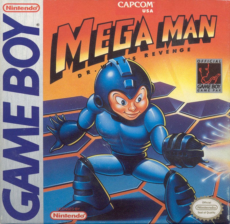 The box art for Mega Man: Dr. Wily's Revenge, which is just a zoomed in shot of Mega Man 3's NES box art, cropped to look like something else.