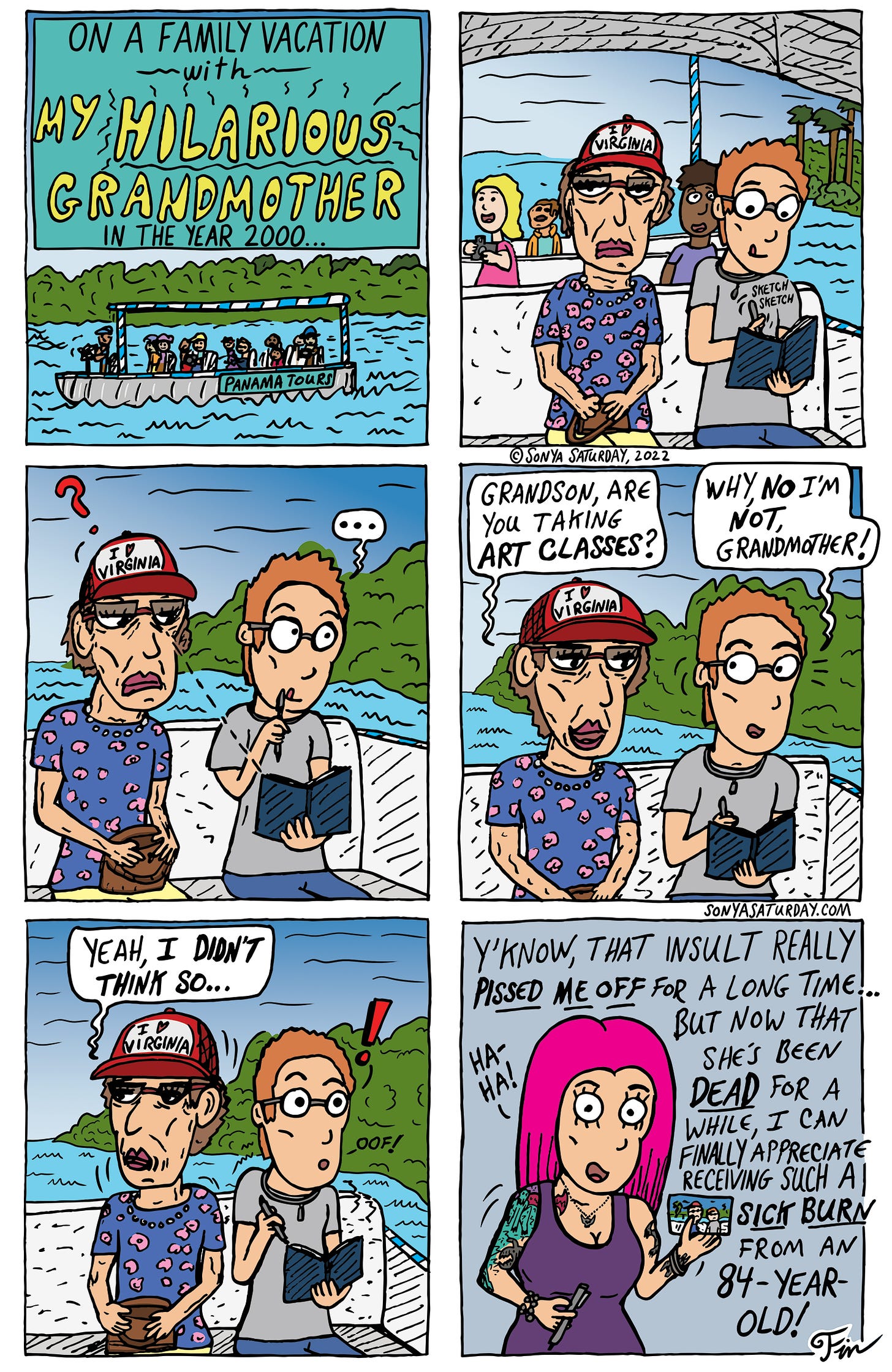 Colorful comic strip about Sonya Saturday's grandmother delivering her a sick burn while on vacation