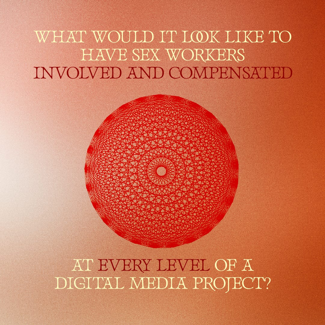 Over a soft, red-orange background, text reading “What would it look like to have sex workers involved and compensated at every level of a digital media project?” sits above and below a circular diagram of intertwined lines