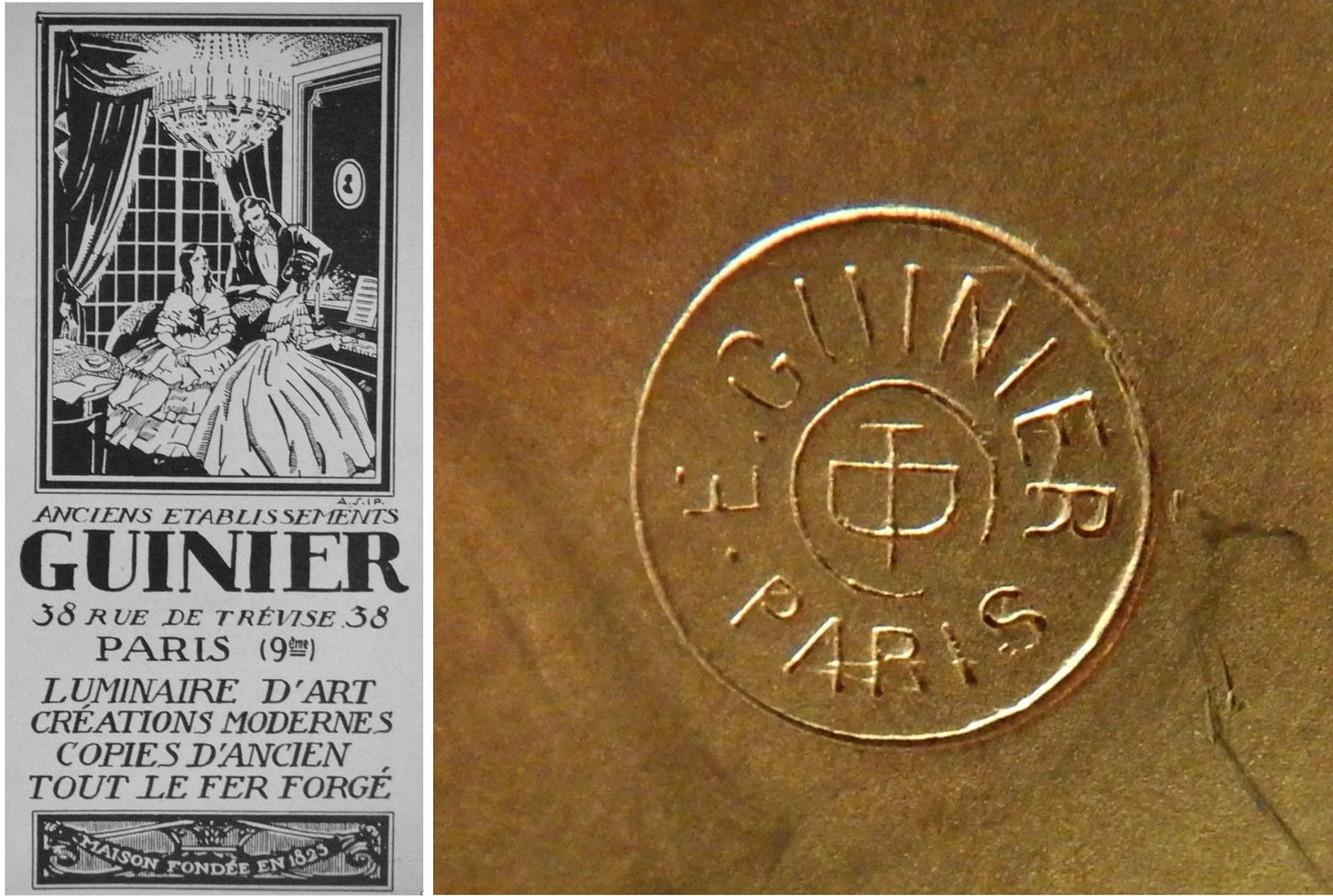 Left: Advertisement for the Edouard Guinier company, on Trévise street in Paris (ca 1910). Right: Stamp on the base of a Mélodion lamp, Roland 2015-05-16 lot #508.