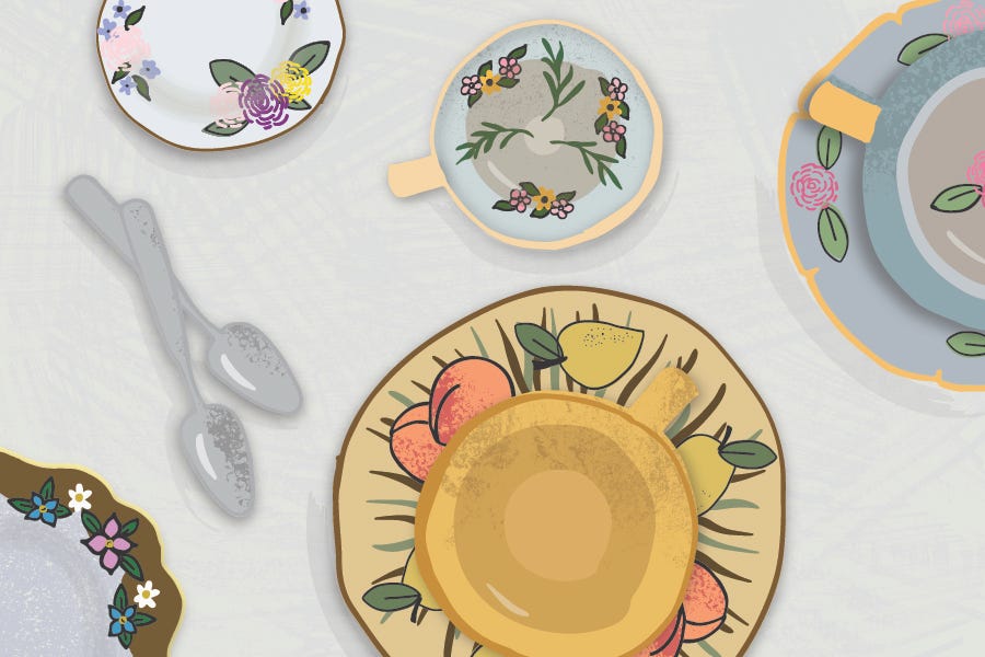 Illustrations of some of my favorite tea cups. They are decorated with flowers and fruits. There are two spoons laying on the surface ready to stir in some sugar, lemon or a splash of milk.