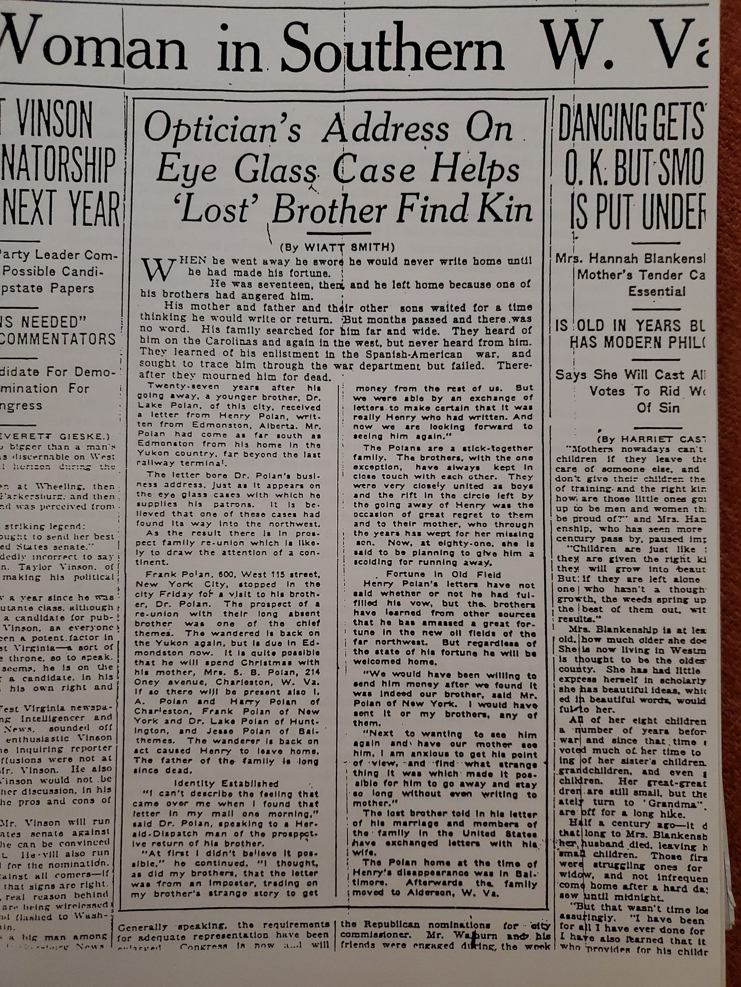 A photograph of an old newspaper article, which is transcribed in this post.