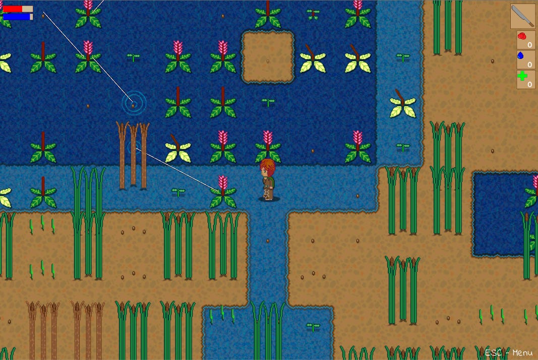 Screenshot of Ecoscape showing player surrounded by land, water, plants