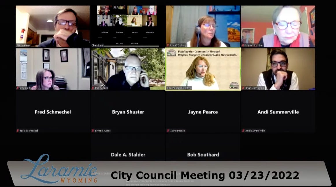 Screenshot of the council's Zoom meeting March 23. Eight cameras are turned out, showing several councilors and some city staff. In one square, Gabriel can be seen holding a black phone to his left ear.