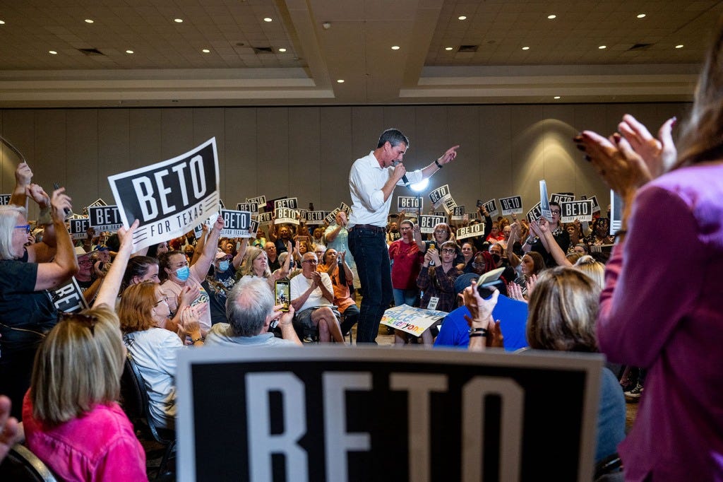 Texas Democratic candidate Beto O’Rourke speaking to a crowd of supporters at a campaign rally. 