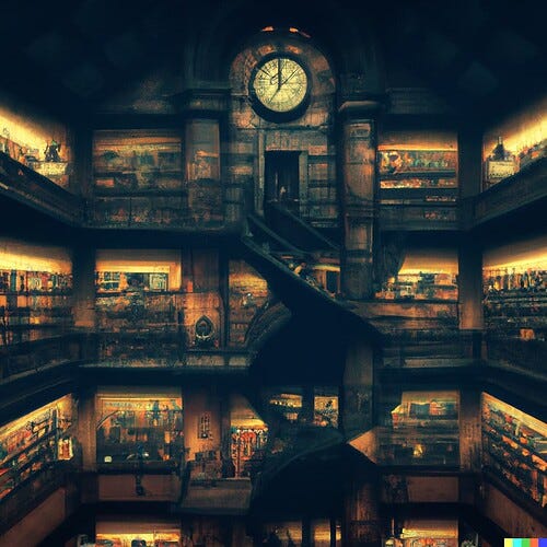 DALL·E 2022-09-21 00.53.39 - the inside of a crowded library, with a large clock and many stairs and books, realistic painted style at night in a busy university town _ architectu