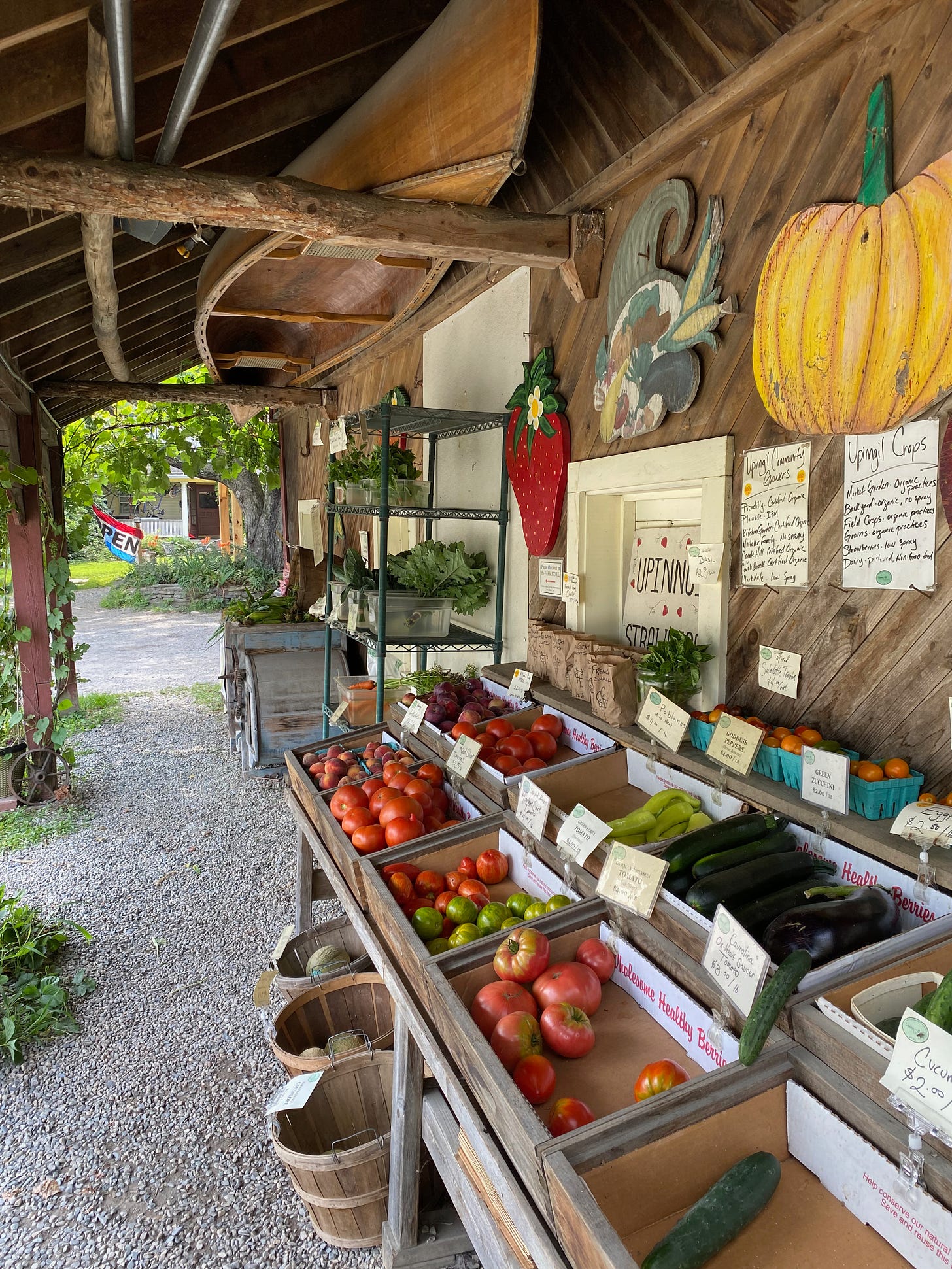 An outdoor farmstand, featuring bins and baskets of vegetables along a wall under an overhang, and a view of trees and an open sign in the distance.
