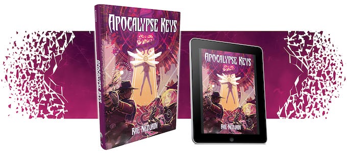 A rendering of the standard hardcover version of Apocalypse Keys with a full-color cover featuring a thin figure in a tailored purple suit descending down a golden shaft of light surrounded by a maelstrom of purple energy. The figure has a sphere of energy for a head, surrounded by six ethereal wings. In the foreground, a figure in a heavy duster and flat-brimmed hat summons a sphere of magical power while another PC in a heavy power suit reads from an eldritch tome and summons a mass of purple tentacles. Next to the render of the hardcover, a tablet displays the PDF with the same cover.