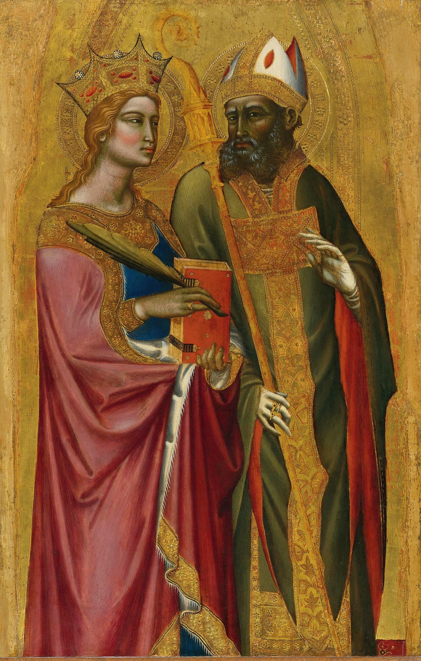 Saint Catherine And A Bishop Saint by Angelo Puccinelli (Italian, active 1380-1407)