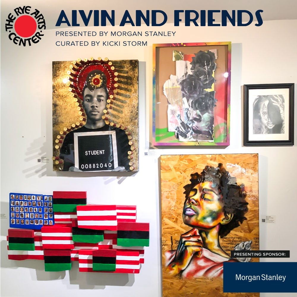 May be art of 1 person and text that says 'THE ALVIN AND FRIENDS CENTER PRESENTED BY MORGAN STANLEY CURATED BY KICKI STORM STUDENT 00882040 1000001 1000200 900005000 PG PRESENTING SPONSOR: Morgan Stanley'