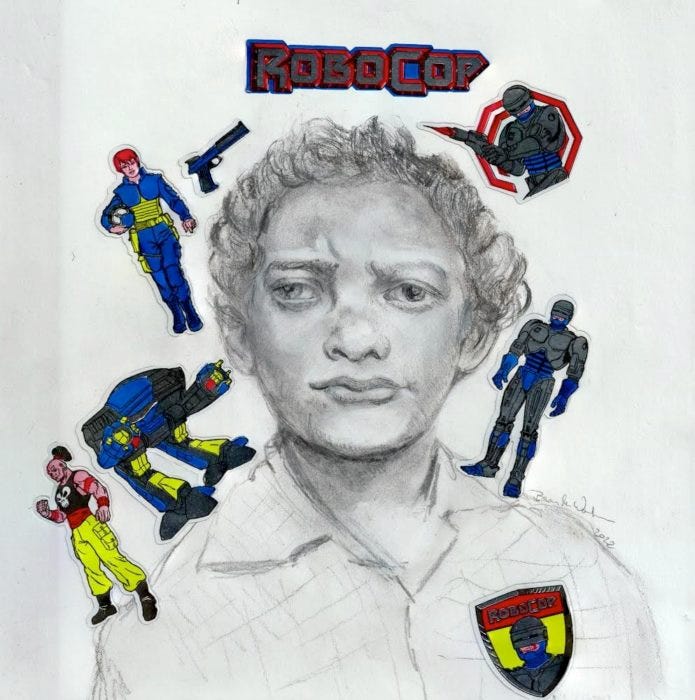 Image Description: Pencil portrait of Christopher as a child drawn by her husband, Neurodivergent artist Branden Charles Wallace. Surrounding the drawing are several vintage RoboCop stickers that Christopher found on eBay. Image courtesy of the artists.