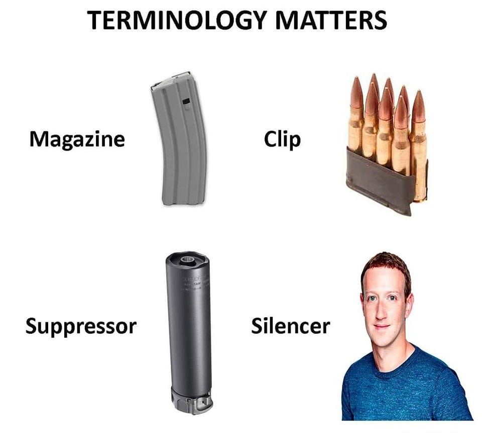 May be an image of 1 person and text that says 'TERMINOLOGY MATTERS Magazine Clip Suppressor Silencer'