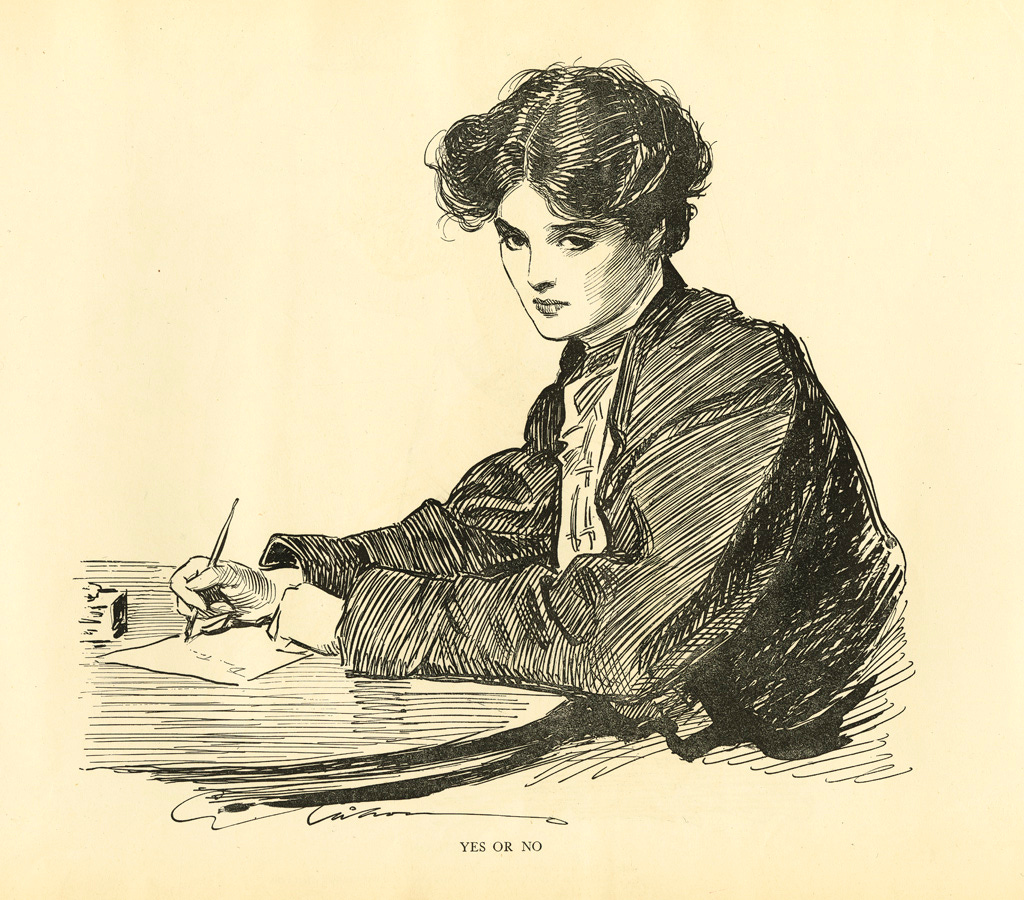 Illustration: a white woman with early 20th century Gibson Girl dress and hairstyle, stares into the void while she writes on a sheet of paper
