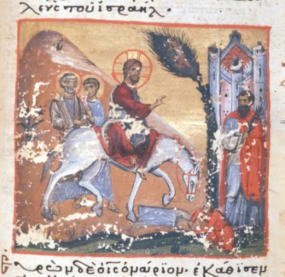 Detail from an illuminated 13th century manuscript of the Gospels in Greek. The image shows Christ riding a donkey into Jerusalem