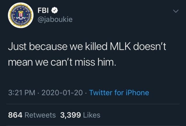 Comedian Impersonates FBI on Twitter, Makes MLK Assassination Joke