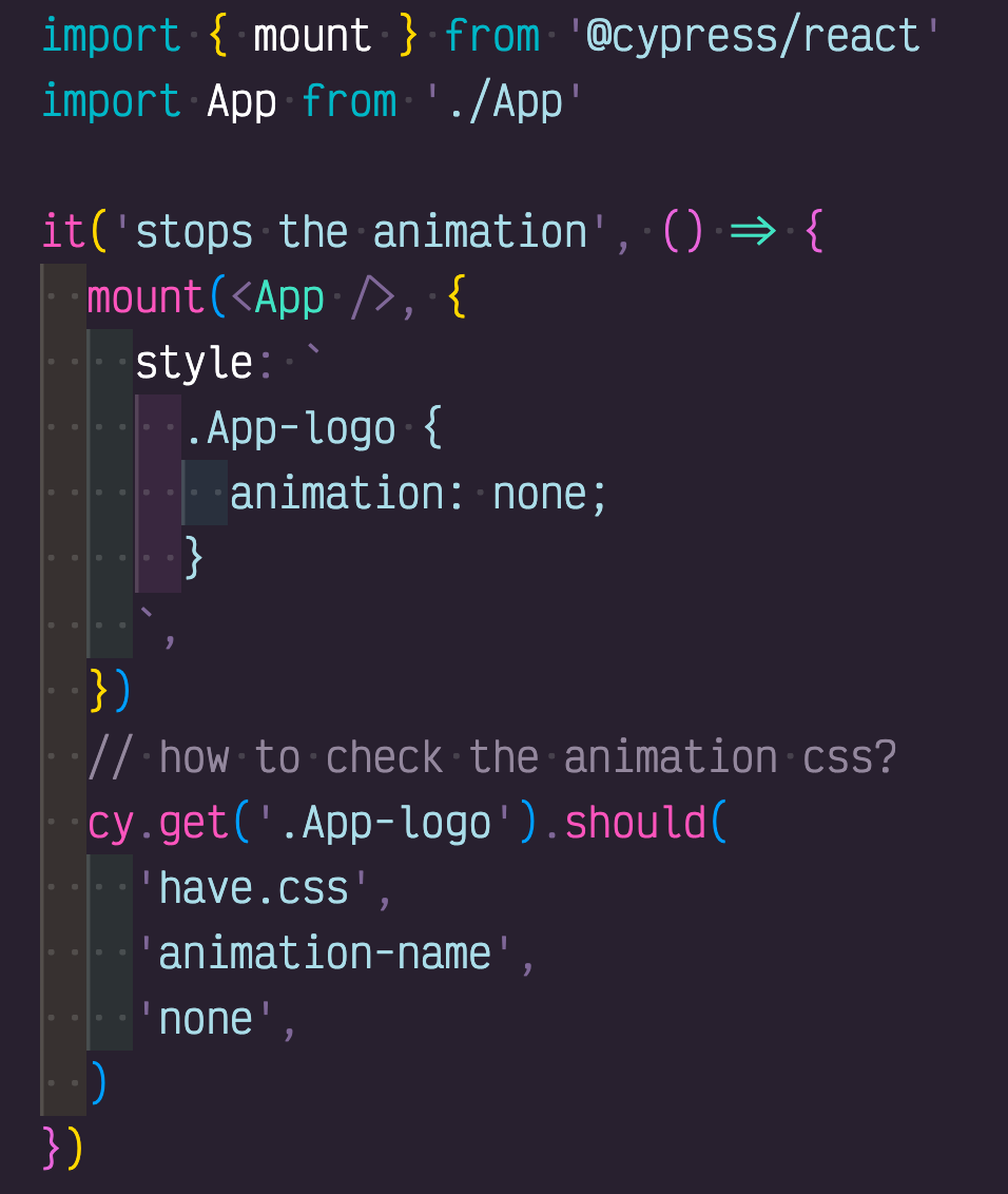 screenshot of the Cypress component test that sets CSS animation none