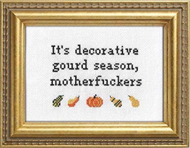 A delightful cross stitch, with images of a pumpkin and various other squash-type vegetables, and the almost-correctly punctuated phrase “It’s decorative gourd season, motherfuckers”. Just needs that full stop at the end.