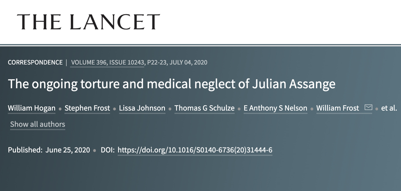 Article headline from the Lancet in white text on a grey background reads: “The ongoing torture and medical neglect of Julian Assange”. Above the headline reads: “CORRESPONDENCE| VOLUME 396, ISSUE 10243, P22–23, JULY 04, 2020”. Beneath the headline are some of the names of the article authors. At the bottom reads: “Published:June 25, 2020”.