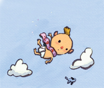Cartoon of new year baby with diaper and sash that reads "2014" falling through sky past clouds and confused bird.