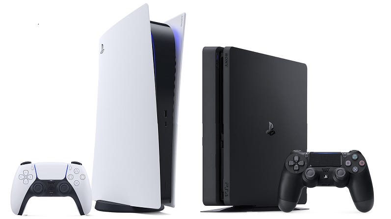 PS5 and a PS4 slim console standing side by side