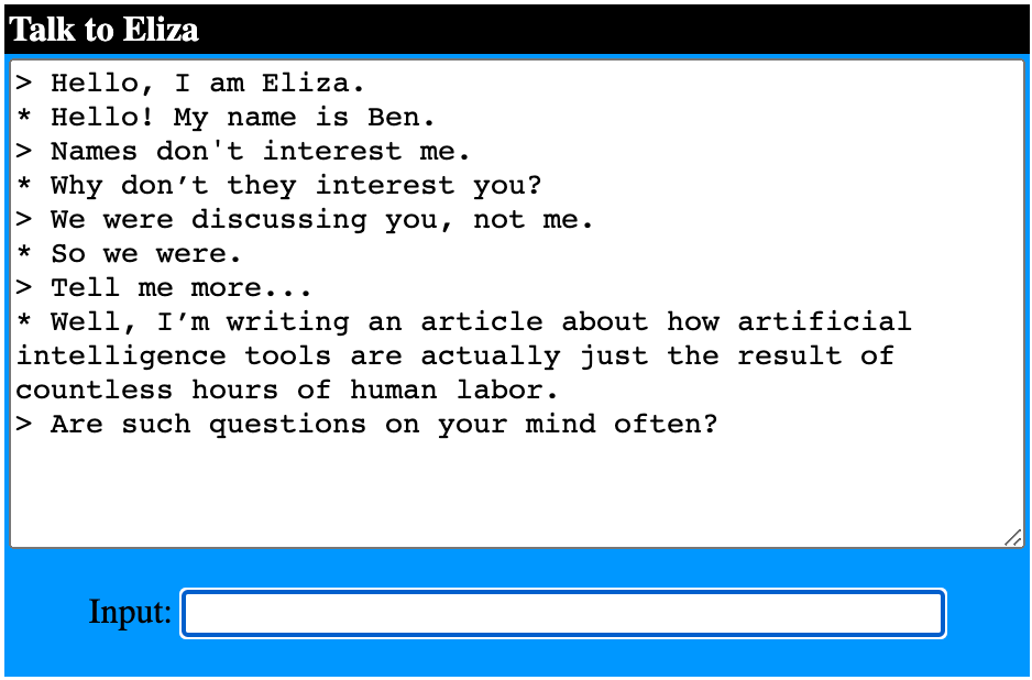 A conversation between the author and ELIZA, a virtual therapist.