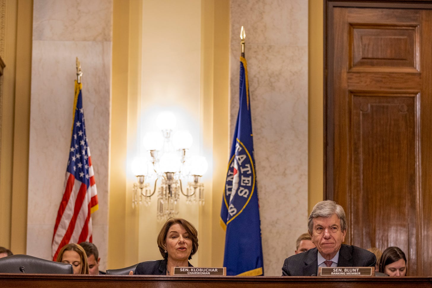 Sen. Amy Klobuchar (D-MN) and Sen. Roy Blunt (R-MO) attend a meeting of the Senate Committee on Rules and Administration on Capitol Hill on September 27, 2022 in Washington, DC. (Photo by Tasos Katopodis/Getty Images)