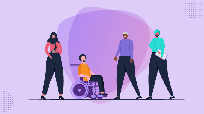 Image showing what inclusion is supposed to be. Three different brown people and a handicapped man.