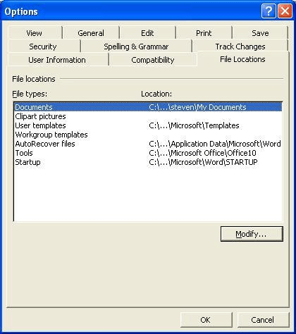 A tabled dialog for Tools Options in Word 2003 showing each of the 11 different tabs.