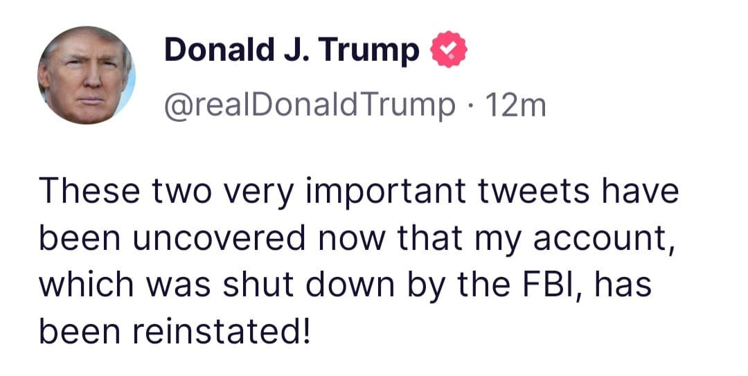 May be an image of 1 person and text that says 'Donald J. Trump @realDonaldTrump 12m These two very important tweets have been uncovered now that my account, which was shut down by the FBI, has been reinstated!'