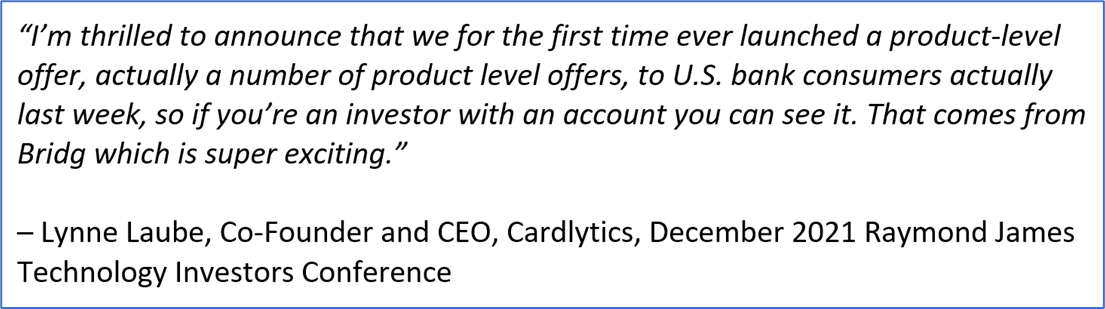 Lynne Laube, Co-Founder and CEO, Cardlytics, December 2021 Raymond James Technology Investors Conference, Bridg,  SKU,  Product-level offers, U.S. Bank, CDLX, Swany407, Austin Swanson, Lynne Laube, product-level offers now like at U.S. Bank