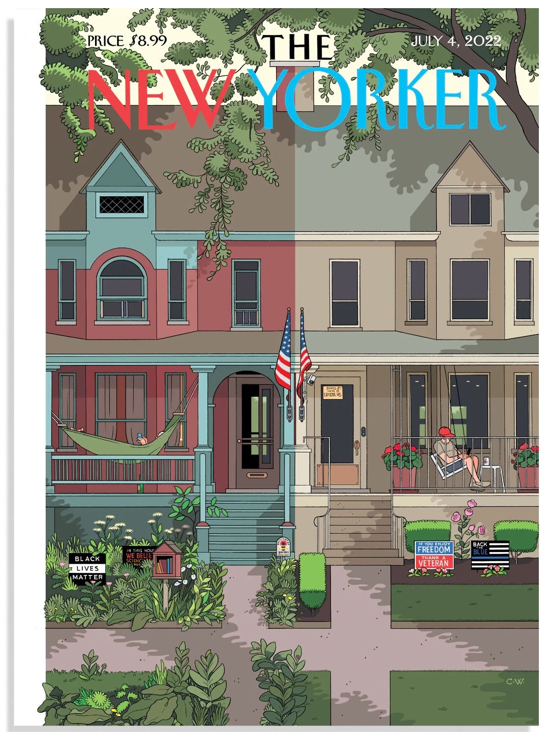 Cover of this week's New Yorker: Stereotypical liberal household on the left, stereotypical conservative on the right